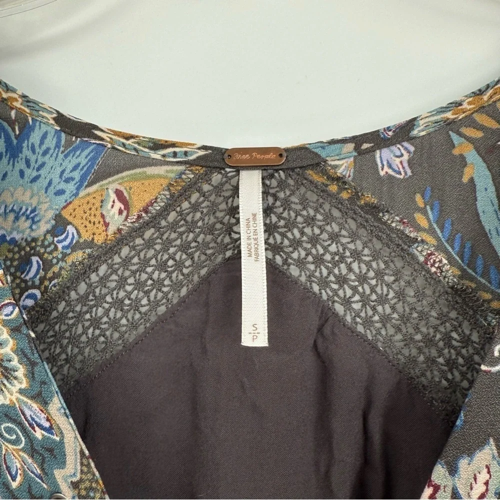 Free People Rain or Shine Dress S Paisley Floral Lace Up Tunic Gray Long Sleeve